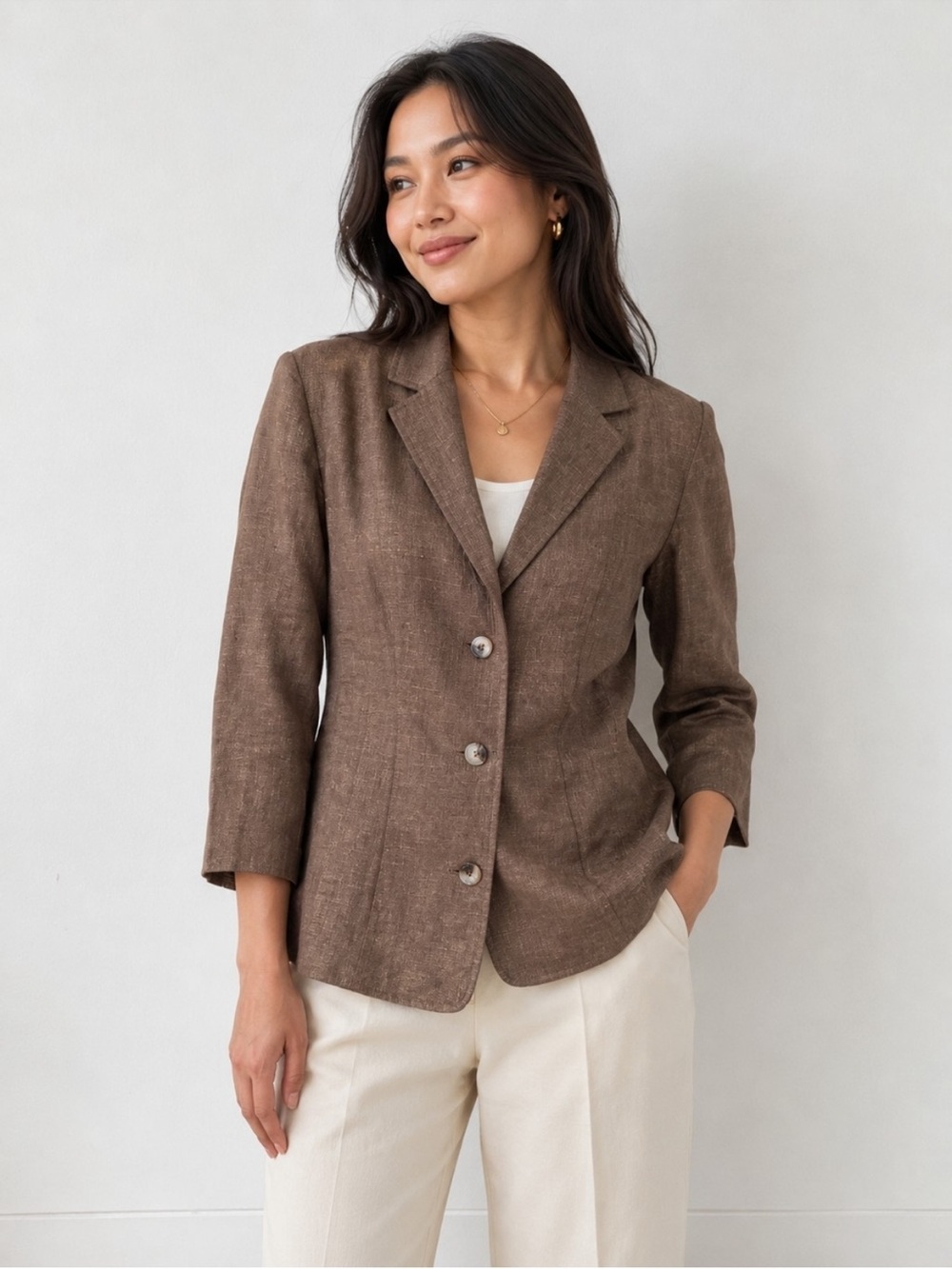 NWT Dana Buchman Brown Textured 100% Linen Blazer 3 Button Minimalist Neutral